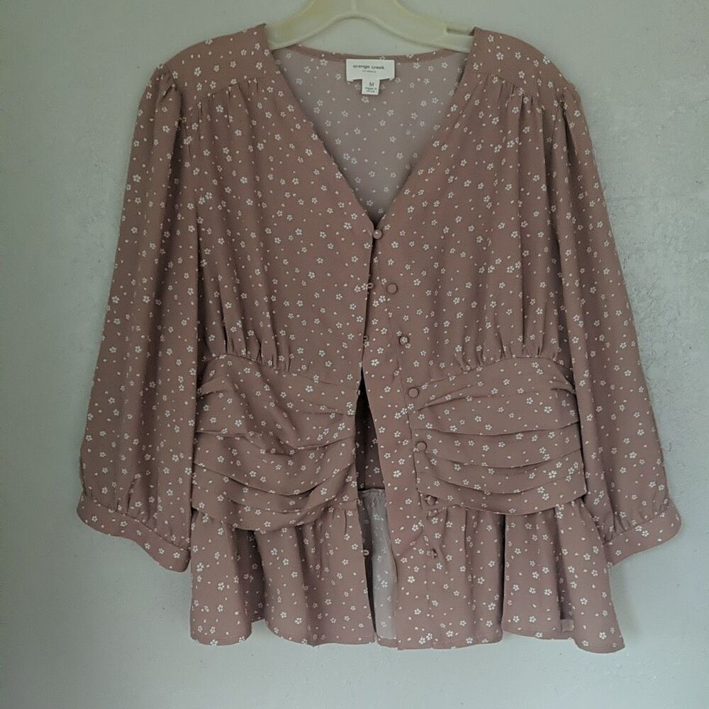 Button Up Peplum Blouse M Mauve Floral Peasant Boho Cottage Indie Ruffle Fairy